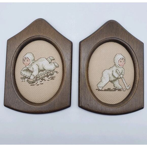 VTG Set OF 2 Unique Shaped Wood Framed Handmade Cross Stitch Snow Babies - Picture 1 of 9